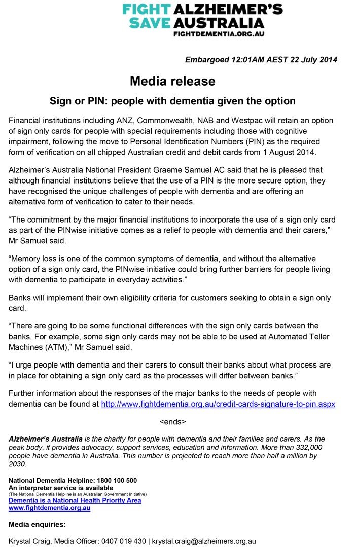Alzheimer's Australia Media Release_2014