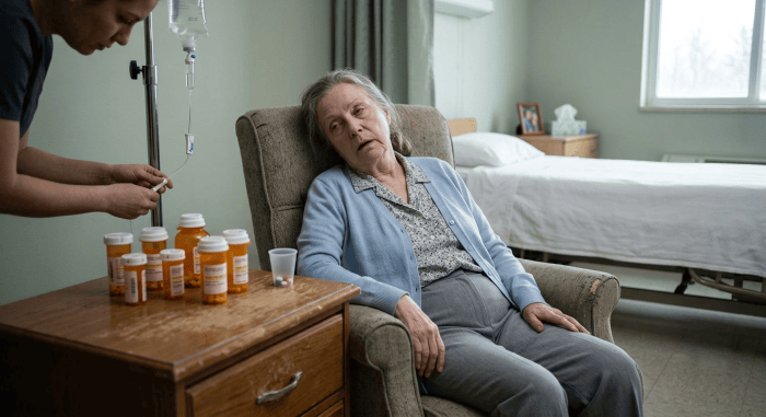 Elderly woman sitting in a chair looking fatigued with nurse adjusting IV drip and multiple medication bottles on a table